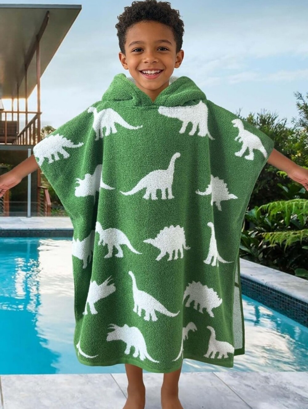 Kids Hooded Dinosaur Towel Poncho - Green & White